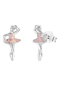 Silberne Ohrringe in Form von Balletttänzerinnen mit einem rosa Rock und Glitzerelementen, die ein detailliertes und verspieltes Design in einer polierten Oberfläche präsentieren.
