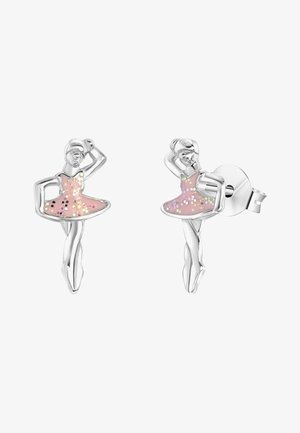 Zilveren oorbellen in de vorm van een balletdanseres met een roze rok en glinsterende accenten, die een gedetailleerd, speels ontwerp in een gepolijste afwerking tonen.