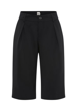 Sorte knælange skræddersyede shorts med forreste læg, bæltestropper og knappelukning i taljen.