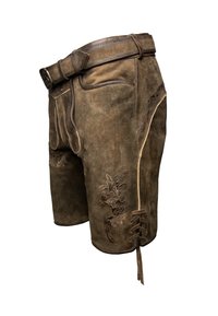 Braune Lederhosen mit strukturiertem Finish, verziert mit dekorativer Stickerei und einem Gürtel. Über dem Knie geschnitten mit seitlichen Schnürungen.