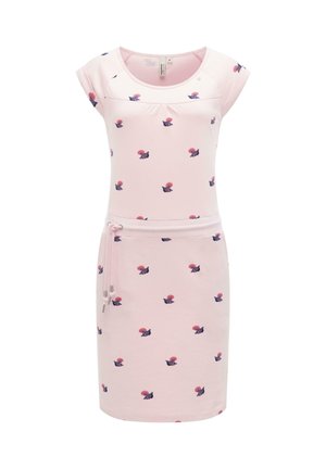 Vestito corto a maniche corte di colore rosa chiaro con piccoli motivi floreali blu scuro e corallo e dettaglio con coulisse in vita.