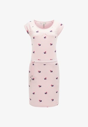 Vestito corto a maniche corte di colore rosa chiaro con piccoli motivi floreali blu scuro e corallo e dettaglio con coulisse in vita.