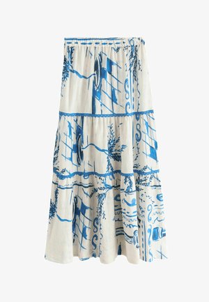 Biela viacvrstvová sukňa s modrými abstraktnými a kvetinovými vzormi a elastickým pásom, zobrazená na jednofarebnom bielom pozadí.