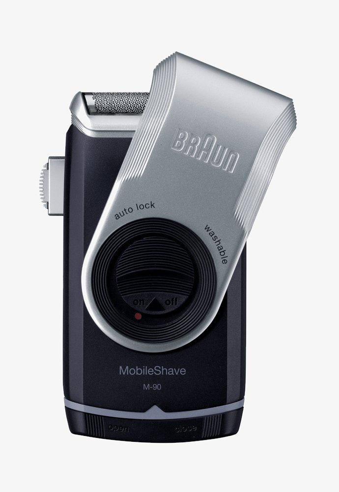 Braun MobileShave M-90 Elektrorasierer mit silberner Klappabdeckung, Dreh-Ein/Aus-Schalter, automatischer Verriegelung und abwaschbaren Funktionen sichtbar.
