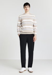 Maglione a righe beige e grigie, pantaloni neri e sneaker bianche. Il maglione ha un collo rotondo e polsini aderenti, con una texture morbida.