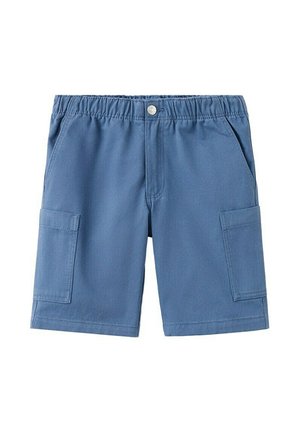 Blaue Herren-Cargoshorts mit elastischem Bund, Knopfverschluss, Seitentaschen und zusätzlichen Cargotaschen an jedem Oberschenkel.