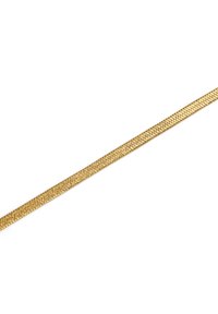 Cadena de metal de color dorado con un diseño plano y texturizado con eslabones interconectados, que proporciona una superficie lisa y uniforme en toda la cadena.