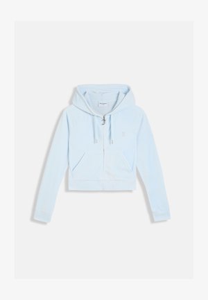 Haut à capuche court bleu clair en tissu doux, avec fermeture éclair, poches avant et capuche à cordons. Logo brodé sur la poitrine.