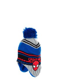 Robótka na drutach czapka w kolorze niebieskim, szarym i czarnym z czerwonymi paskami, z pomponem na górze i graficznym wizerunkiem Spider-Mana z przodu. Miękka tekstura.