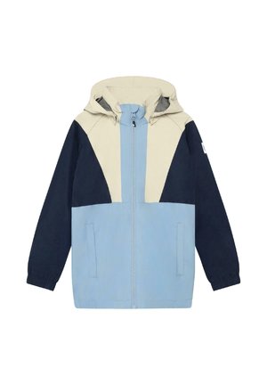 Dječja jakna s kapuljačom i prednjim patentnim zatvaračem, dizajn u blokovima boja u bež, tamnoplave i svijetloplave boje, elastični rukavi i bočni džepovi.