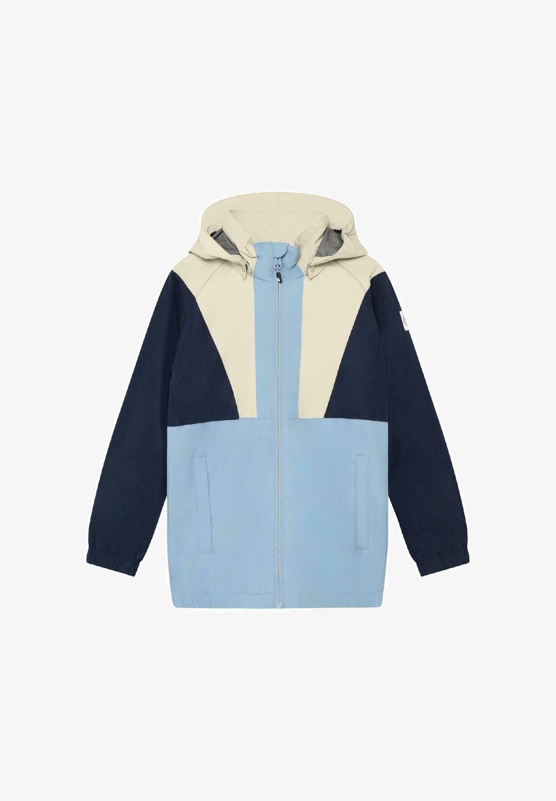 Παιδικό μπουφάν με κουκούλα και εμπρόσθιο φερμουάρ, σχεδίαση με μπλοκ χρωμάτων σε μπεζ, ναυτικό μπλε και ανοιχτό μπλε, ελαστικά μανσέτα και πλαϊνές τσέπες.