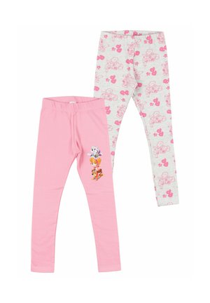 Two pairs of children's leggings: one solid pink with three cartoon puppies on the leg, the other light gray with pink puppy and paw print patterns.