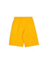Gelbe Shorts aus weichem Baumwollmaterial, mit einem elastischen Bund, zwei Seitentaschen und einem geraden Schnitt.