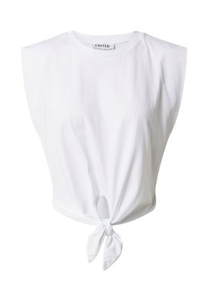 Haut sans manches blanc avec un col rond, détail de nœud noué à la taille et texture en coton lisse.