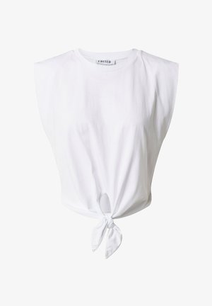 Haut sans manches blanc avec un col rond, détail de nœud noué à la taille et texture en coton lisse.