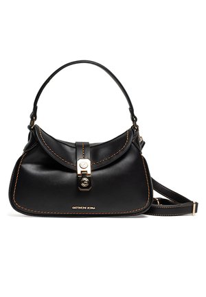 Borsa a mano in pelle nera con cuciture arancioni, chiusura dorata, manico superiore e tracolla staccabile, marchiata "Gattinoni Roma" sulla parte anteriore.