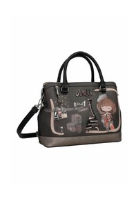 Borsa a mano in pelle nera con una base grigia, caratterizzata da illustrazioni parigine, un portachiavi in metallo e manici corti.
