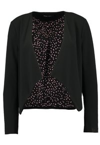 Czarny kardigan z otwartym przodem i długimi rękawami, z różowo-czarną kropkowaną podszewką wewnętrzną. Gładka faktura i casualowy design.