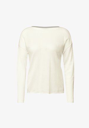 Biała bluzka z długim rękawem wykonana z teksturowanej dzianiny, z szerokim dekoltem i opuszczonymi ramionami, o luźnym kroju i prostym hemie.