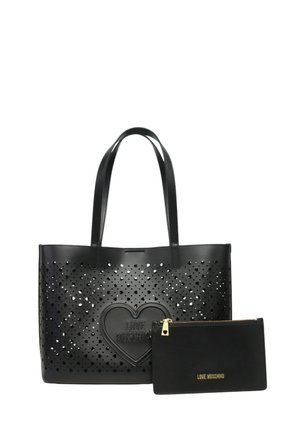 Sac cabas Moschino Black Love avec motif de découpe en forme de cœur et pochette zippée noire assortie avec fermeture éclair et logo dorés.