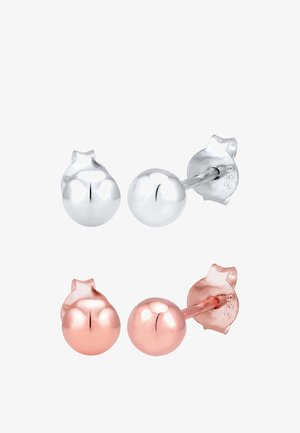 Sølv- og rosaguld stud øreringe med runde, glatte kugler. Sølv har en poleret finish, mens rosaguld har en blank glans.