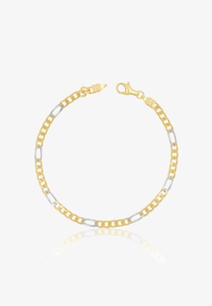 Bracciale in metallo dorato e argentato con maglie alternate, dotato di chiusura a moschettone e finitura lucida.