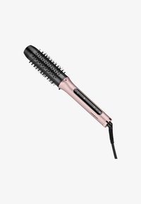 Strumento per acconciare i capelli con un design a spazzola cilindrica. Presenta un cilindro rivestito di setole nere, un manico metallico rosa e controlli digitali.