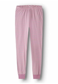 Pajamas hlače z elastičnim pasom v svetlo roza barvi z belimi vodoravnimi črtami. Imajo zožene hlačnice in enobarvne roza manšetne pri gležnjih. Mehka tkanina.