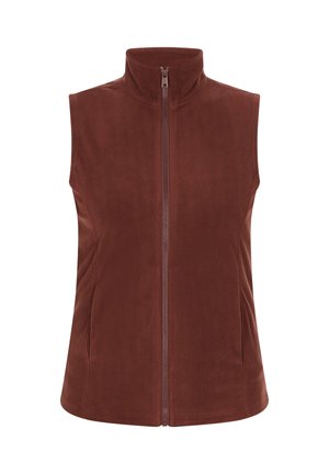 Braune Fleece-Weste mit hohem Kragen und Frontreißverschluss, seitlichen Taschen und einer glatten, weichen Textur. Ohne Ärmel oder Muster.