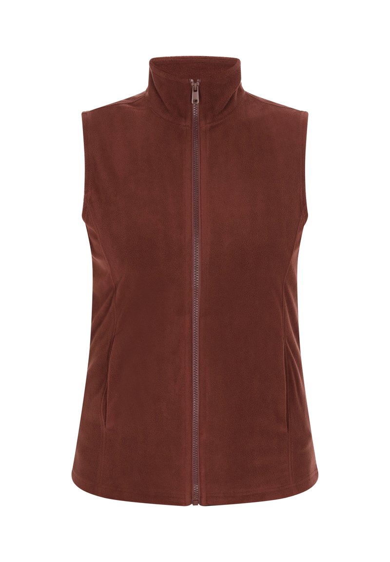 Gilet in pile marrone con colletto alto e zip frontale, dotato di tasche laterali e una texture liscia e morbida. Senza maniche né fantasie.