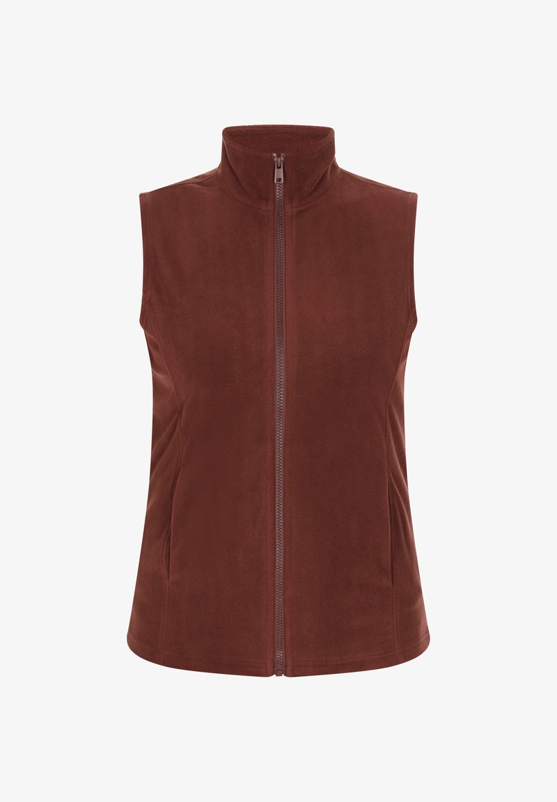 Gilet in pile marrone con colletto alto e zip frontale, dotato di tasche laterali e una texture liscia e morbida. Senza maniche né fantasie.