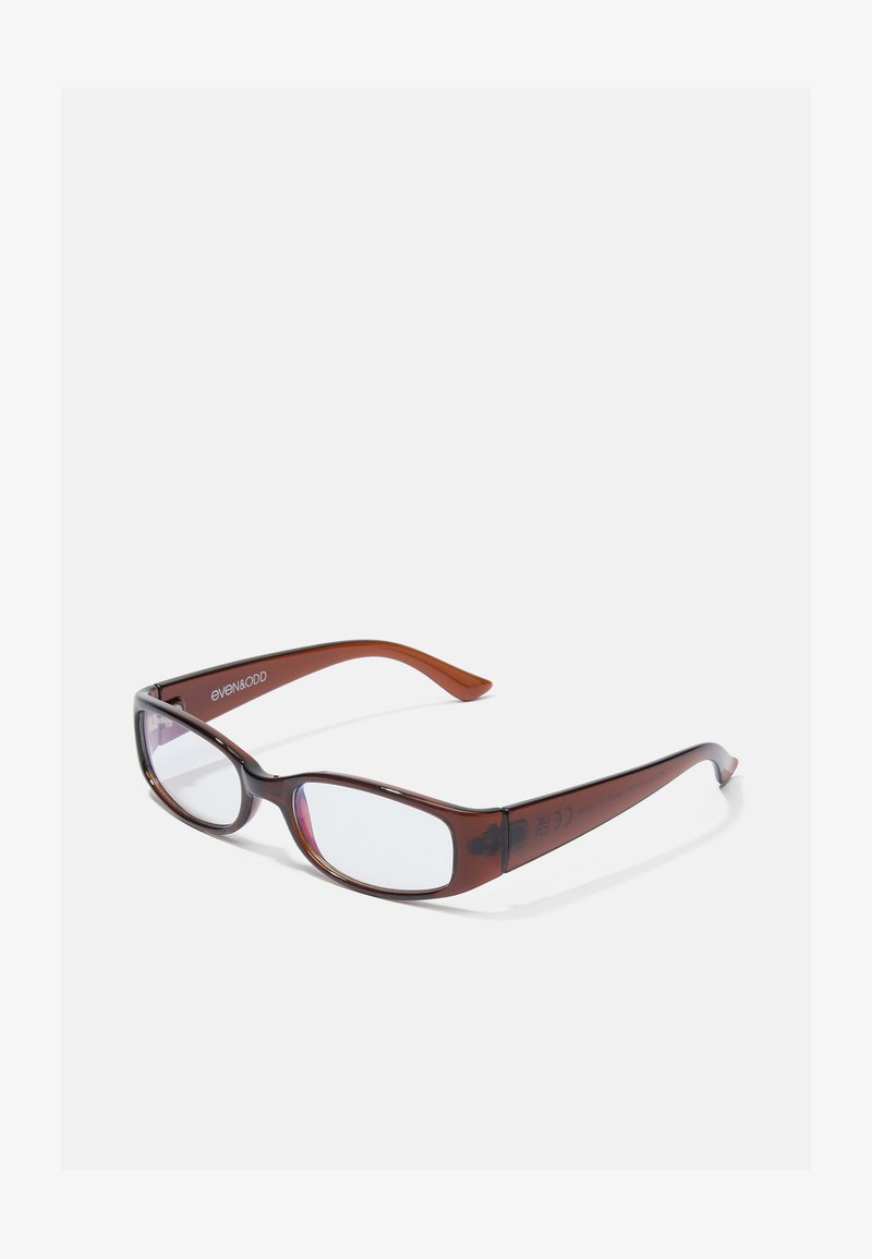 Ruske plastikkeselprikker med rektangulær ramme, transparente linser og en blank finish. Har tynne, buede stenger med merkevarelogo.