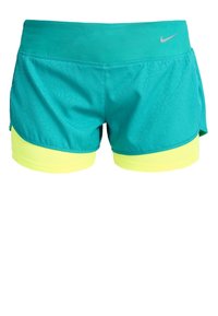 Los pantalones cortos atléticos para mujer de Nike cuentan con una capa exterior en color verde azulado y un forro interior en amarillo neón, con una cinturilla suave y una textura sutil.