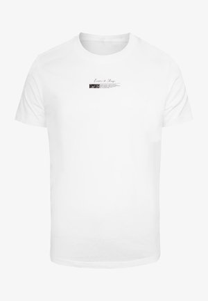White cotton t-shirt with a round neck. Features black and grey text on the front, including the word "BUTTERFLY" and a script accent.