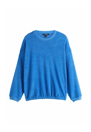 Blaues Sweatshirt mit langen Ärmeln und Rundhalsausschnitt, mit elastischem Saum und Bündchen, aus weichem, strukturiertem Stoff, vor weißem Hintergrund dargestellt.
