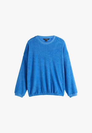 Modrá mikina s dlhým rukávom a okrúhlym výstrihom, s elastickým lemom a manžetami, vyrobená z mäkkej textúrovanej látky, zobrazená na bielom pozadí.