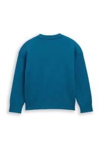 Teal Pullover mit rundem Ausschnitt, langen Ärmeln, gerippten Bündchen und lässiger Passform. Glatte Textur in einfarbiger Ausführung, ohne Muster oder Grafiken.