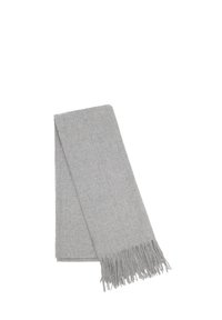 Scarf in lana grigia con bordi frangiati, texture liscia e forma rettangolare. Design semplice adatto a vari utilizzi.