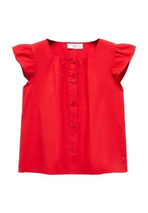 Czerwona bluzka z krótkim rękawem z falbanami, marszczonym dekoltem i zapięciem na guziki z przodu.