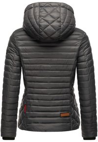 Quilted, dark gray puffer jacket with an oversized hood, vertical stripes, and leather accent on the bottom left. Soft texture, fitted design.