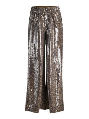 Pantalones de pierna ancha con estampado de leopardo marrón cubiertos de lentejuelas plateadas, con cintura elástica y bajo de longitud completa.