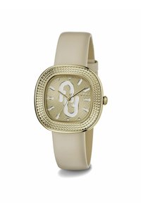 Reloj dorado con caja cuadrada, correa de silicona beige, esfera texturizada y acentos de números blancos. Presenta un diseño de logo único.