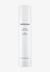 Haarspray-Flasche mit einem zylindrischen, matten weißen Design. Schwarzer Text lautet "SACHAJUAN HAIRSPRAY STRONG CONTROL." 200 ml Fassungsvermögen.