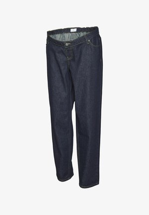 Tamno plavi traperice s elastičnim pojasom, koje imaju dugme za zatvaranje, žute šavove i klasični ravni kroj.