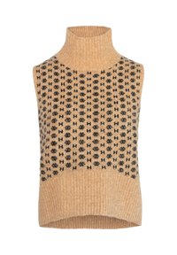 Beige ermeløs genser med høy hals og svarte geometriske mønstre, ribbestrikket tekstur ved krage og kant, laget av mykt strikkemateriale.