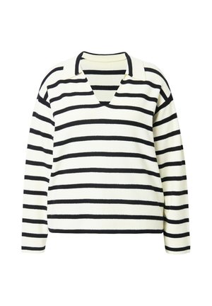 Stripet pullover sweater i creme og sort med V-hals og lange ærmer. Teksturen ser ud til at være strikket med et afslappet fit design.
