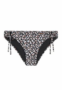 Kvetinové bikini nohavičky s čiernym základom a ružovými a modrými kvetmi, nastaviteľnými bočnými viazaniami a podšívkou pre pohodlie.