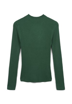Maglione verde a costine con maniche lunghe e scollatura rotonda. Presenta una texture verticale e una silhouette aderente, senza chiusure visibili o fantasie.