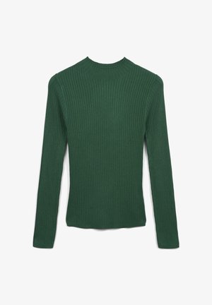 Green ribbed knit sweater with long sleeves and a crew neckline. Features vertical texture and a fitted shape, without visible closures or patterns.