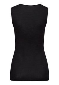 Schwarzes, ärmelloses Oberteil mit gerippter Textur und rundem Ausschnitt. Figurbetontes Design, ideal zum Layering oder als eigenständiges Kleidungsstück.